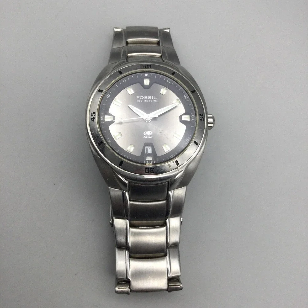 Fossil Blue AM-3752 Mens Watch 40mm Silver Dial Stainless Date New Battery 7.75